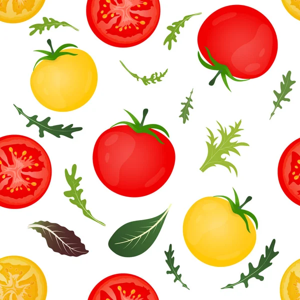 红色和黄色西红柿白色背景 番茄蔬菜 生菜和杜鹃叶 矢量图解 无缝图案 — 图库矢量图片