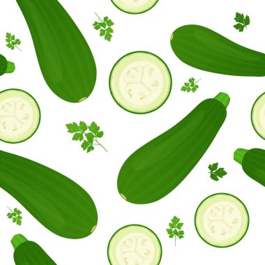 Beyaz arka planda kabak ve kabak dilimleri var. Maydanoz yapraklı olgun kabak. Vektör çizimi. Kusursuz desen