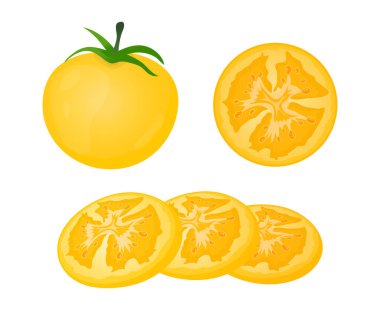 Beyaz arka planda taze sarı domates ve dilimler. Sulu olgun domates. Vektör İllüstrasyonu