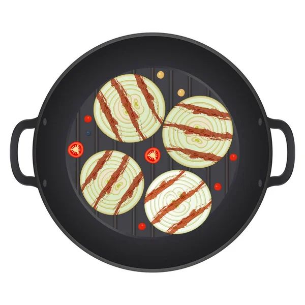 Grillezett Szeletelt Hagyma Serpenyőben Chili Paprikával Fehér Alapon Elszigetelve Hagymakarikák — Stock Vector