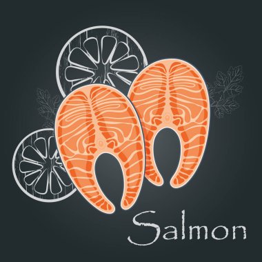 Arka planda somon bifteği. Bir dilim kırmızı balık somonu. Deniz ürünleri beslenme konsepti. Vektör illüstrasyonu