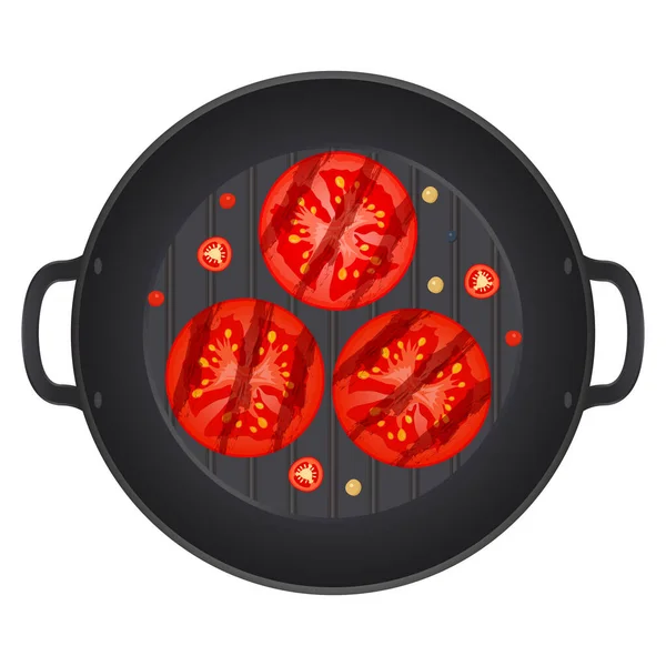 烤红番茄片在一个锅里与辣椒 孤立在白色的背景 多汁的成熟番茄 病媒图解 — 图库矢量图片