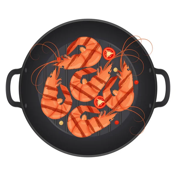 Grillezett Garnéla Tigris Garnéla Garnélarák Egy Serpenyőben Chili Paprikával Fehér — Stock Vector