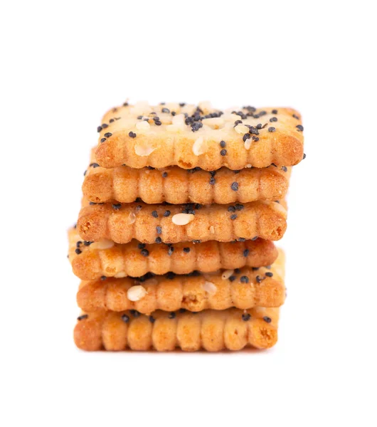 Sementes de papoila quadradas e biscoitos de gergelim isolados no fundo branco. Biscoitos de biscoitos secos isolados. Petiscos salgados isolados . — Fotografia de Stock