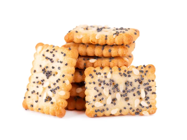 Sementes de papoila quadradas e biscoitos de gergelim isolados no fundo branco. Biscoitos de biscoitos secos isolados. Petiscos salgados isolados . — Fotografia de Stock