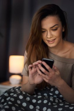 Evde akıllı telefon kullanan bir kadın. 