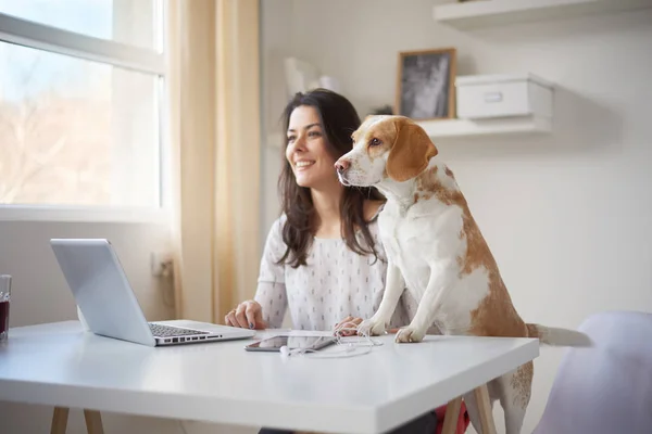 Donna che lavora sul computer portatile a casa — Foto Stock