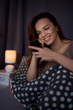 Evde akıllı telefon kullanan bir kadın.  