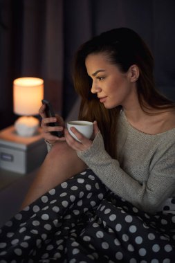 Evde akıllı telefon kullanan bir kadın.  