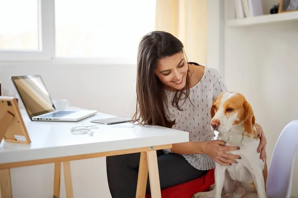 Ung vacker kvinna med hund — Stockfoto