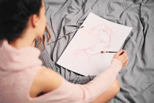 Girl Painting Wather Color Sitting Bed Morning — Stock Photo, Image