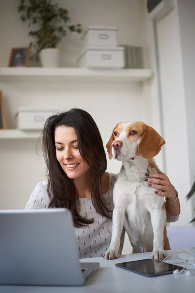 Young beautiful woman with dog at home