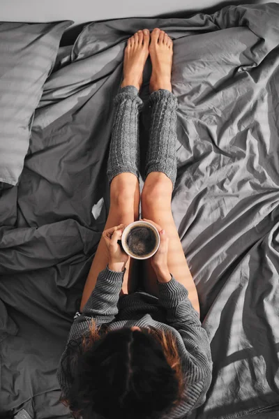 Aerial View Girl Drinking Coffee Bed Morning — Stock Photo, Image