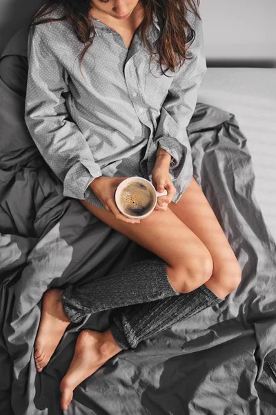 Aerial View Girl Sitting Bed Holding Cup Coffee — Stock Photo, Image