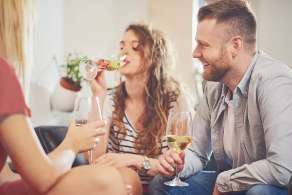 Amigos Animando Con Vino Fiesta Casa —  Fotos de Stock