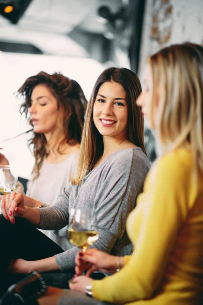 Namoradas Bebendo Vinho Conversando Enquanto Sentadas Bar — Fotografia de Stock