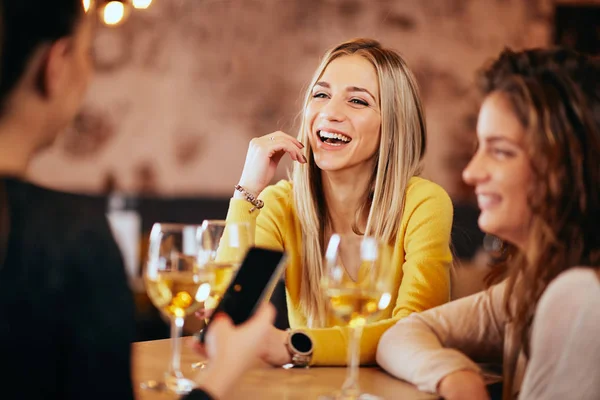 Girlfriends Drinking Wine Chatting While Sitting Bar — Stock Photo, Image