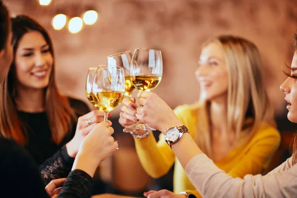 Female friends drinking wine and chatting while sitting in the bar.