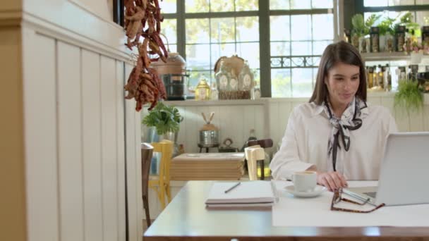 Kahvede Oturup Dizüstü Bilgisayar Kullanan Zarif Giyinmiş Beyaz Tenli Hoş — Stok video