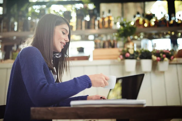 Vista lateral da morena caucasiana atraente em suéter azul sentado no café, segurando xícara de café e usando laptop para escrever e-mail. Conceito de negócio remoto . — Fotografia de Stock