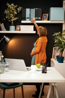Muhteşem hamile iş kadını ofiste duruyor, göbeğine dokunuyor ve önemli belgelerle klasöre ulaşmaya çalışıyor..