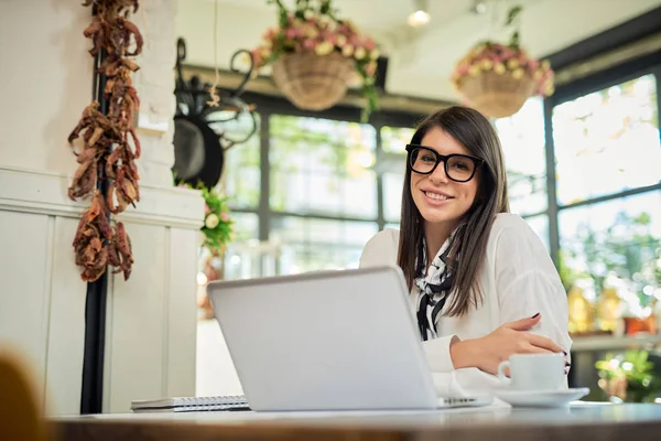 迷人的高加索优雅的黑发女子在咖啡馆里摆姿势。 桌上有笔记本电脑. — 图库照片