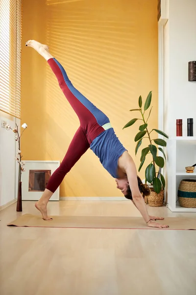 Atractiva morena caucásica de mediana edad en forma haciendo pose de yoga con tres patas hacia abajo en la mañana. Interior del hogar . — Foto de Stock