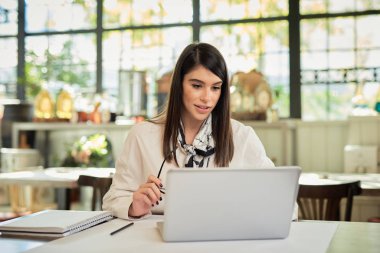 Genç ve çekici Kafkas restoran müdürü masada oturuyor ve iş düzenlemek için dizüstü bilgisayar kullanıyor..