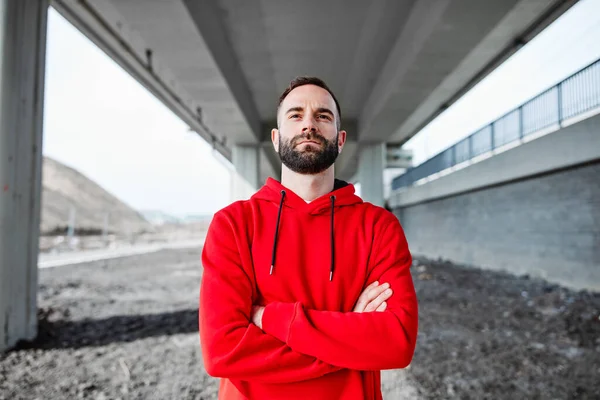 Proud Sportsman Standing Bridge Arms Crossed Looking Camera — Stock Photo, Image