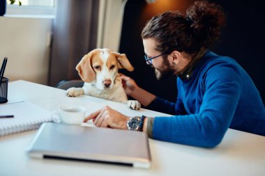 Neşeli, gülümseyen, yakışıklı, beyaz adam evinde oturuyor ve köpeğiyle oynuyor. Ev kavramından çalış.