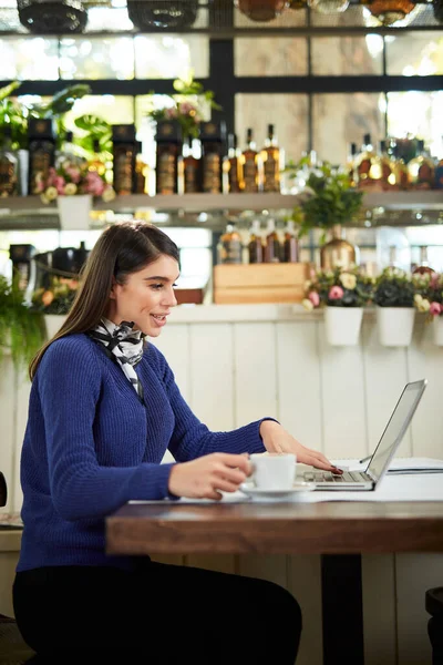 Side View Young Brunette Sitting Cafe Holding Cup Coffee Surfing — Stock Photo, Image