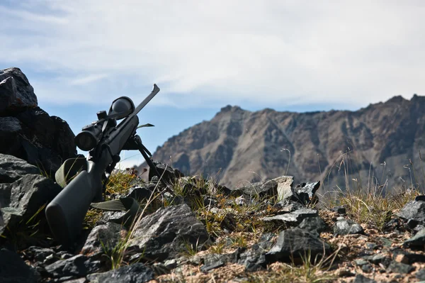 望远瞄准镜，狩猎时脚架狩猎步枪 — 图库照片
