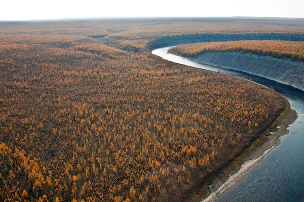 Siberische lariks taiga en de rivier vallen vanuit een helikopter — Stockfoto