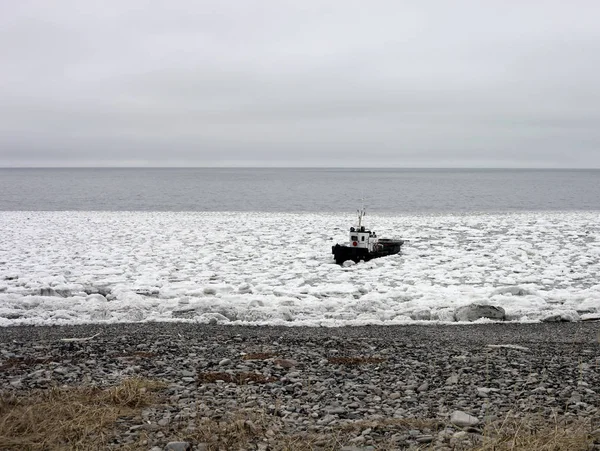 Il rimorchiatore marino va a riva attraverso ghiaccio rotto . — Foto Stock