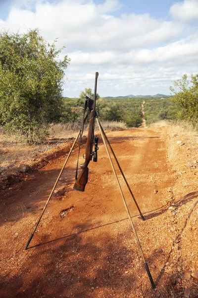 A hunting rifle with a telescopic sight hangs on a tripod. An old bolt-action rifle hangs from a belt and a spaced stop in the middle of an African Bush on a dirt road.