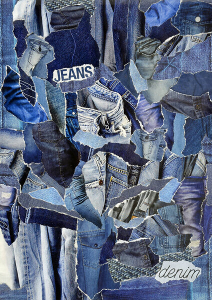 Creative Atmosphere art mood, board collage sheet in color idea  blue ,grey, denim jeans made of teared magazines and printed matter paper with colors and textures