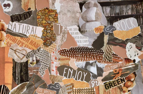 Creative Atmosphere art mood board collage sheet in color idea marrón, madera, amarillo y gris blanco hecho de revistas desgarradas y papel impreso con texturas de madera y naturaleza —  Fotos de Stock