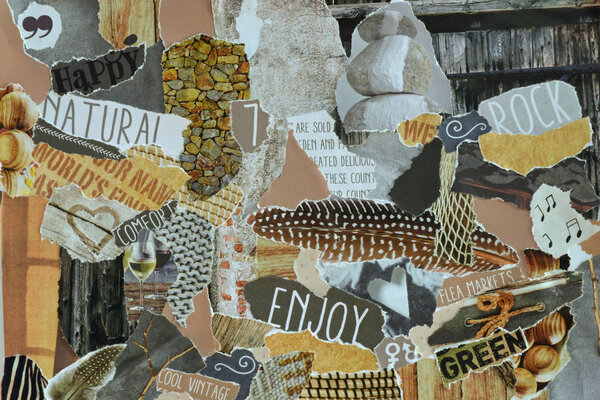 Creative Atmosphere art mood board collage sheet in color idea brown, wood,yellow and grey white made of teared magazines and printed matter paper with wood and nature textures