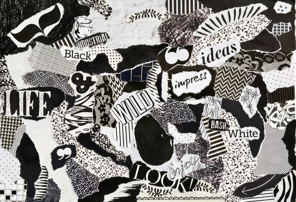 Creatieve sfeer kunst mood board, collage blad in kleur idee zwart-wit gemaakt van tijdschriften gescheurd en drukwerk papier met tekenen en texturen — Stockfoto