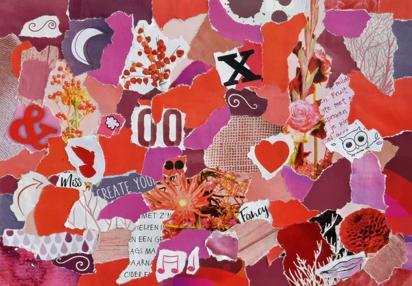 Creative Atmosphere art mood board, collage sheet in color idea red, pink and purple white made of teared magazines and printed matter paper with flowers and textures — Stock Photo, Image