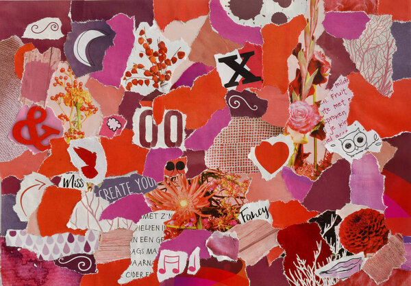 Creative Atmosphere art mood board, collage sheet in color idea red, pink and purple white made of teared magazines and printed matter paper with flowers and textures