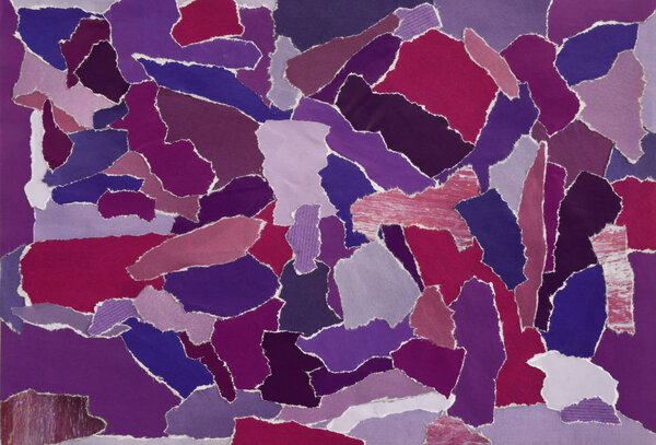 Creative Atmosphere art mood board, collage sheet in color idea pink,blue, purple made of teared magazines and printed matter paper 