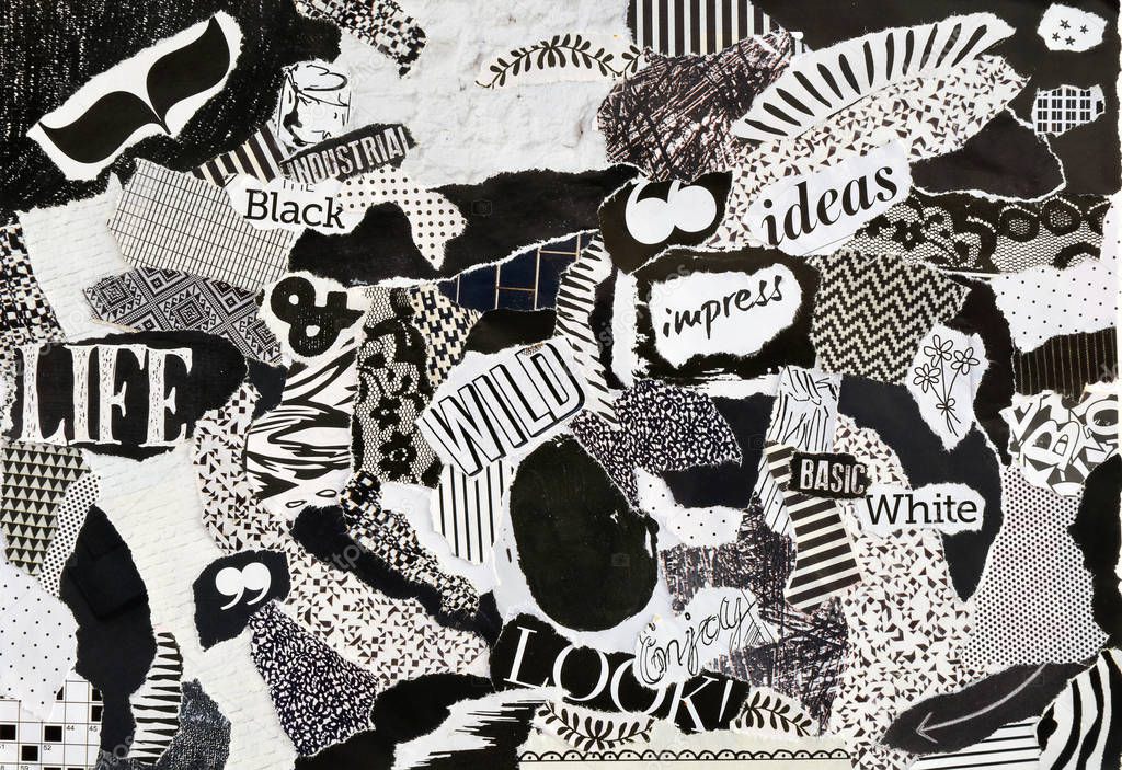 Creative Atmosphere art mood board, collage sheet in color idea black and white made of teared magazines and printed matter paper with signs and textures