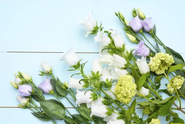 Vintage yeşil mavi arka plan boş kopya alanı ile beyaz mor Eflatun ve sarı alan çiçekli