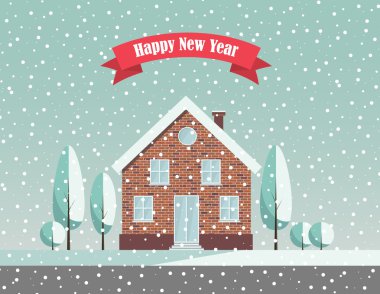 Mutlu yeni yıl karlı kırsal manzara 