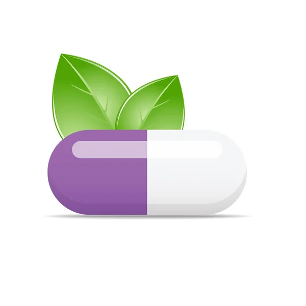 Vector illustration of pill with green leaves — Stock Vector