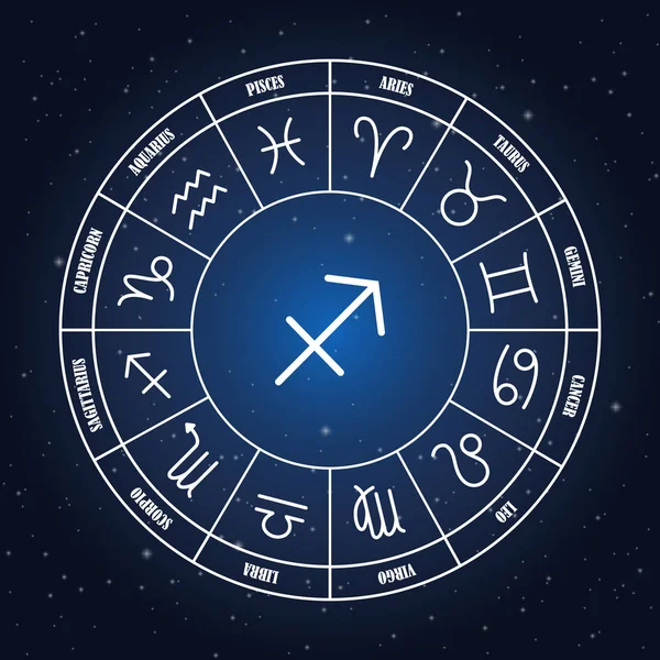 Sagitario astrología cantar en círculo zodiacal — Vector de stock