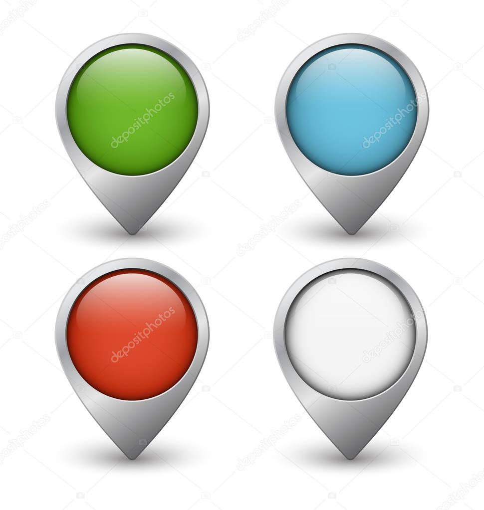 Set of colored map pointers with metal frame and shadow