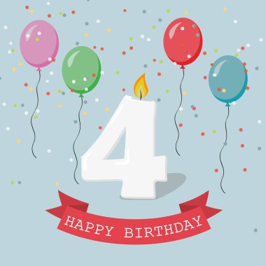 Mutlu doğum günü Yıldönümü tebrik kartı sayı dört, Balonlar, kurdeleler ve konfeti ile