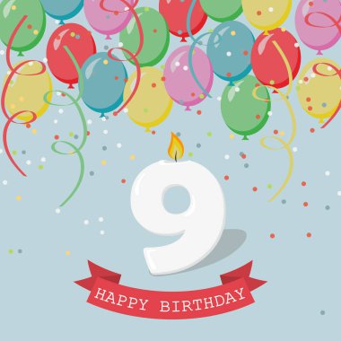 Mutlu doğum günü Yıldönümü tebrik kartı sayı dokuz, Balonlar, kurdeleler ve konfeti ile
